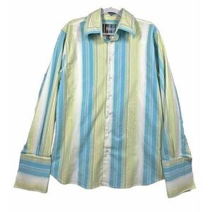 Roar Blue Green White Stripe Long‎ Sleeve Shirt Mens L /46